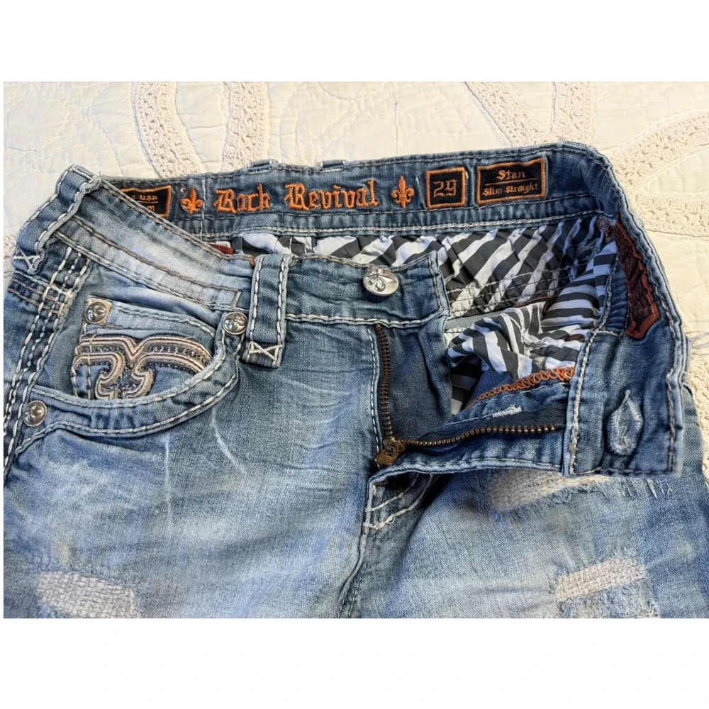 Rock Revival Stan Straight Jeans Blue Distressed Grunge Biker Festival Mens 29